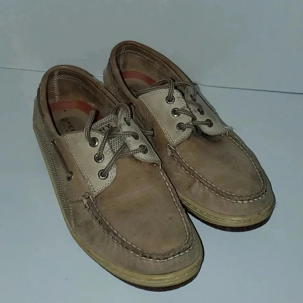 Mens Sperry Boat Shoes Size 9.5 Leather‎ with Fabric insets
